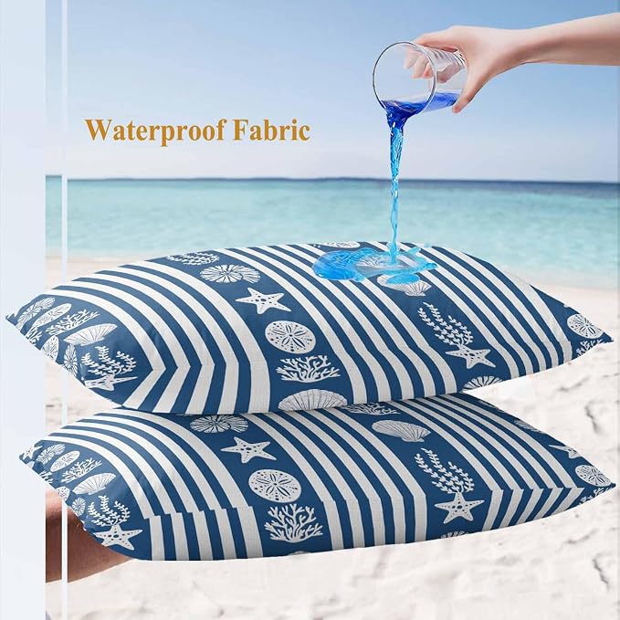 Striped Outdoor Waterproof Throw Pillow Covers Set of 2, 20"x12", Ocean Navy Blue Starfish Shell Jellyfish Coral Decorative Pillow Covers Outside Cushion Case for Patio Porch Garden