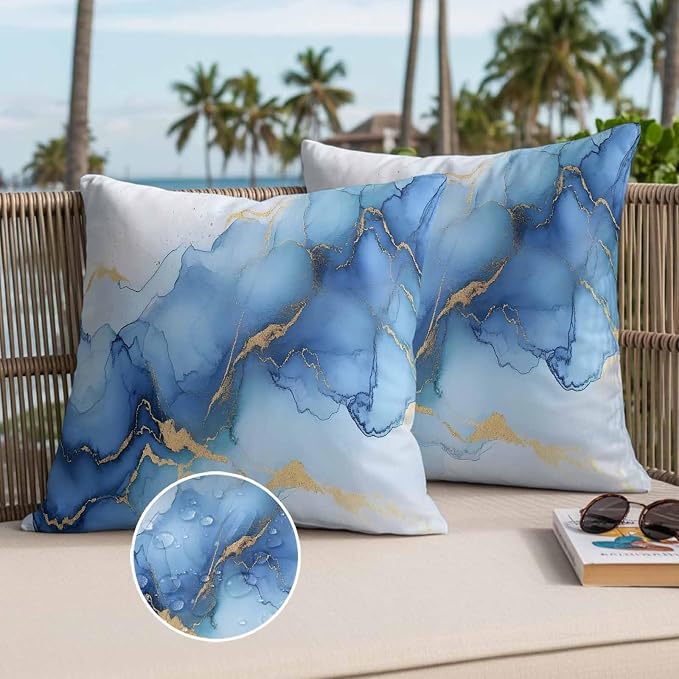 Abstract Marble Texture Outdoor Waterproof Throw Pillow Covers Set of 2, 16"x16", Gold Blue Gradient Modern Art Decoration Decorative Pillow Covers Outside Cushion Case for Patio Porch Garden