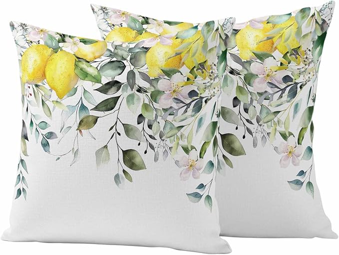 Rustic Floral Plant Outdoor Waterproof Throw Pillow Covers Set of 2, 20"x20", Green Eucalyptus Leaves Sage Lemon White Decorative Pillow Covers Outside Cushion Case for Patio Porch Garden