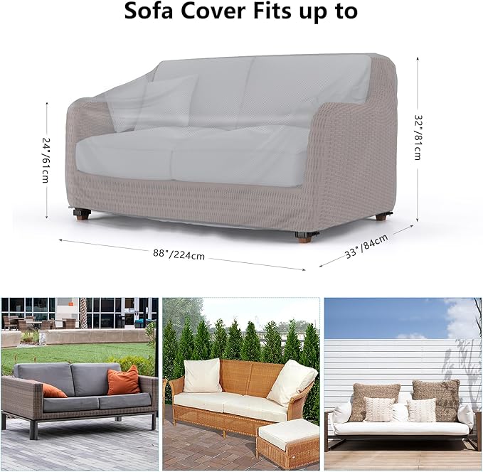 Heavy Duty Patio Sofa Cover, Mrrihand 3-Seater Outdoor Sofa Loveseat Cover, Outdoor Patio Furniture Cover with Air Vent and Handles, 88" W×33" D×32" H, Grey