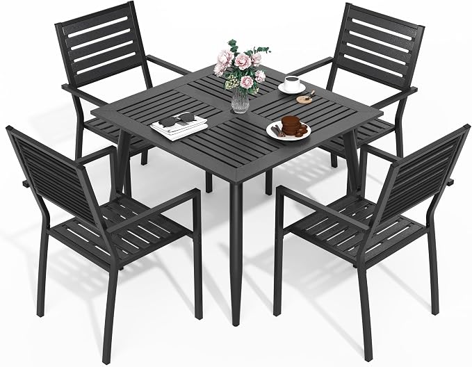 Pamapic 5-Piece HDPE Outdoor Dining Set, All-Weather Patio Furniture Set with Powder-Coated Iron Frame, Outdoor Table & 4 Stackable Chairs for Garden, Backyard, Poolside, Deck