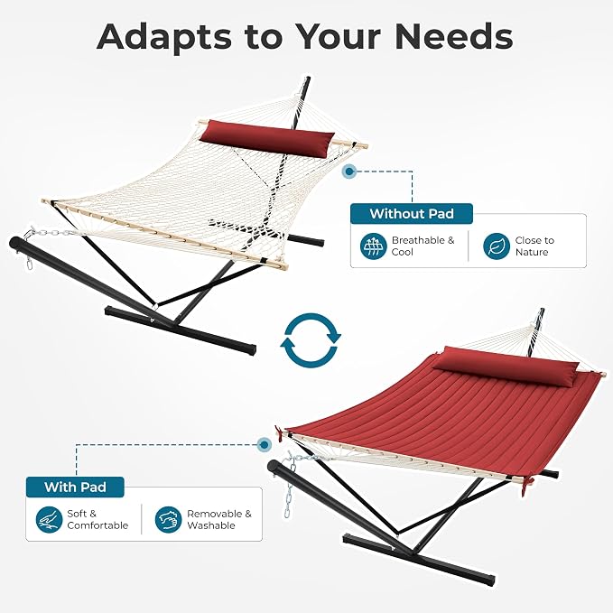 SUPERJARE 12ft Double Hammock with Stand, Rope Hammock for 2 Person, Detachable Hammock Bed and Pillow, Portable, Anti-Tip Safety Ropes, Carry Bag, Outdoor Backyard Patio Camping, Burgundy
