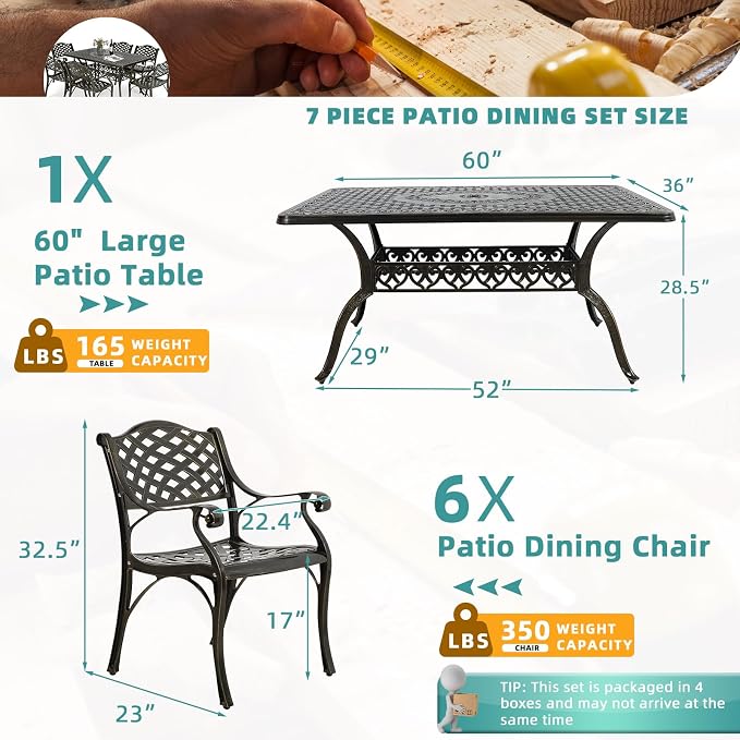 MEETWARM 7 piece Outdoor Patio Dining Set for 6 Seater Dining Table Set, All-Weather Cast Aluminum Patio Conversation Set for Garden with 6 Chairs, 1 Rectangular Table, 2" Umbrella Hole, Dark Bronze