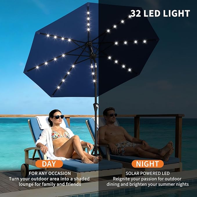 Garvee 9/10 FT Solar Patio Umbrella with 32 LED Lights - Outdoor Table Umbrella with Crank Lift, Push Button Tilt and 8 Sturdy Ribs - Market Umbrella UV Protection for Pool, Deck, Yard, Garden