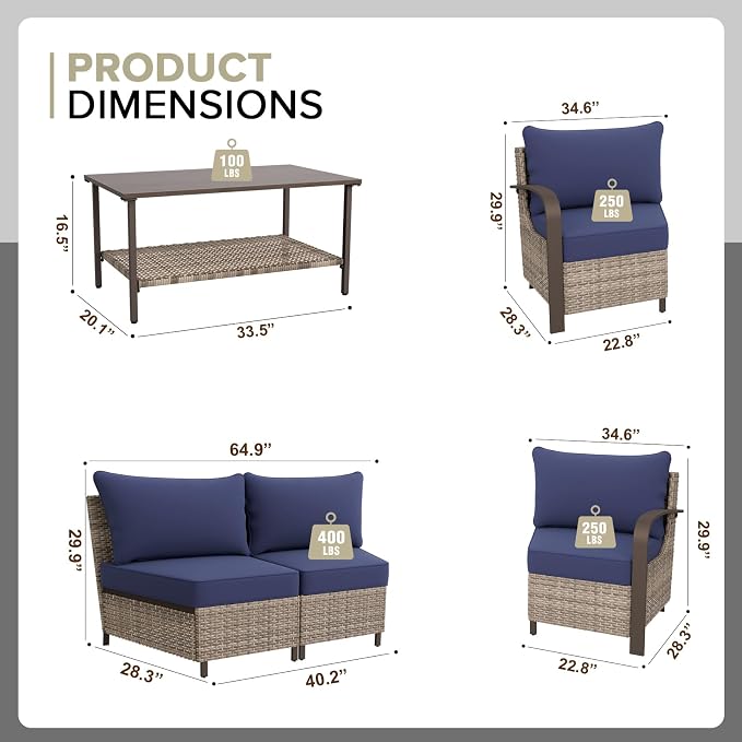 COOS BAY Aurora Terrace 4 Piece Outdoor Sectional Furniture Set, Half Moon Rattan Wicker Conversation Set with 4 Seat Sofa & Coffee Table for Patio Garden Yard, Beige/Blue