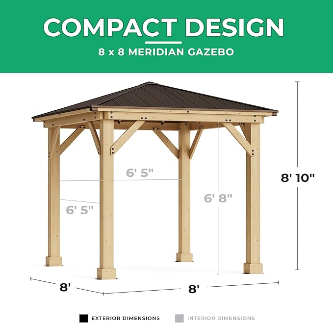 Yardistry 8 x 8 Meridian Cedar Wood Gazebo Pavilion for Patios, Decks, Garden, Backyard, Durable, Aluminum Roof