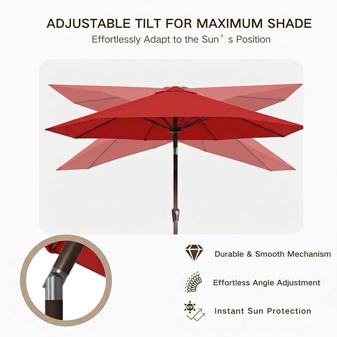 Kingdura 10FT Outdoor Patio Umbrella, Market Table Umbrella with Push Button Tilt and Crank, 8 Sturdy Fiberglass Ribs, UV Protection for Pool, Lawn, Deck, Backyard, Garden (Red)