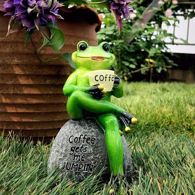 OwMell Frog Statue for Garden Decor, Drinking Coffee Green Frog Figurine | This creative frog ornament brings a lot of vigour to your yard or garden. Garden Decoration Resin Sculpture 6 Inches Gift