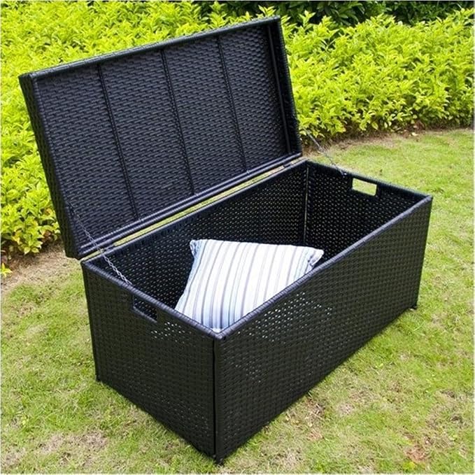 BOWERY HILL Wicker/Rattan Patio Storage Deck Box, Steel Frame, Black Finish, 40" W x 20" D x 20" H, Weather-Resistant Outdoor or Indoor Trunk, Hinged Lid, Handles for Easy Portability