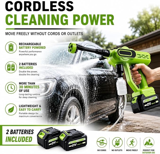 2026 Upgrade Cordless Portable Pressure Washer,1800 Psi Battery Powered Power Washer,Cordless Pressure Washer with 6-in-1 Nozzle,16.5ft Drain Hose & Foam Cannon,for Car,Home,Patio (B, 5 Battery*2)