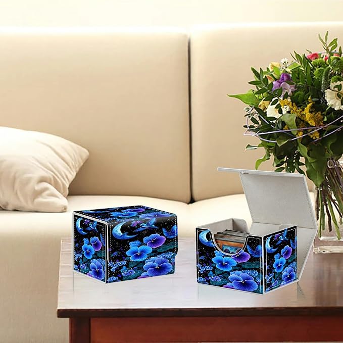 Card Deck Box for MTG, Cards Storage Box Fits 120+ Sleeved, Leather Small Size Strong Magnetic Closing Card Case for Board Games Magic TCG CCG Baseball Collection, Blue Flower Bird