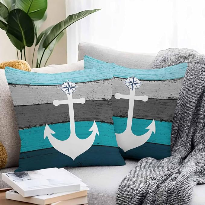 Outdoor Waterproof Throw Pillow Cover White Compass Anchor Nautical Theme Decorative Pillows Cushion Covers Teal Grey Wooden Plank 2 Pack Pillow Cases for Patio Garden Balcony Couch Sofa 16x16In