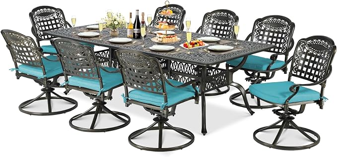 9-Piece Patio Cast Aluminum Dining Set, Outdoor Table and Chairs Set for 8, Includes 94.5" Rectangular Dining Table and 8 Swivel Rocker Chairs W/Umbrella Hole for Lawn Garden, Ocean Blue