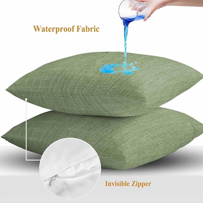 Outdoor Waterproof Throw Pillow Covers Set of 2 Sage Green Linen Pillowcases 20x20 Inches Farmhouse Pure Color Decorative Pillows Cushion Case Patio Pillows for Couch Bed Chair Garden