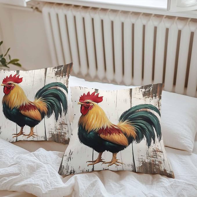 Vintage Rooster Outdoor Waterproof Throw Pillow Covers 24x24 Set of 2, Retro Farmhouse Rooster Watercolor Decorative Pillowcases Cushion Pillowcase for Couch Sofa Patio Outside Pillow Protector