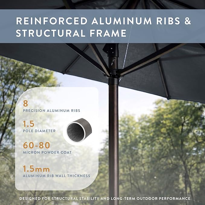 California Umbrella 10-Year Protection 9 Ft Outdoor Patio Umbrella, Pacifica Fade-Resistant Fabric, Auto-Tilt, Heavy Duty Aluminum Frame, 8 Reinforced Ribs for Pool or Deck, Bronze Pole, Sapphire