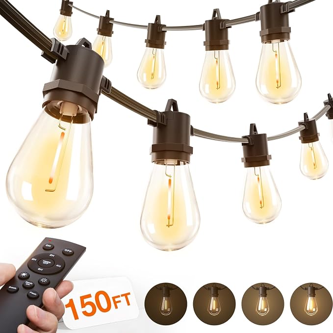 addlon 150FT Outdoor String Lights LED with Remote Dimmable Waterproof | Timer & 3 Lighting Modes, Shatterproof Edison Bulbs, Connectable Hanging Strand for Patio Outside Backyard Porch Party Décor