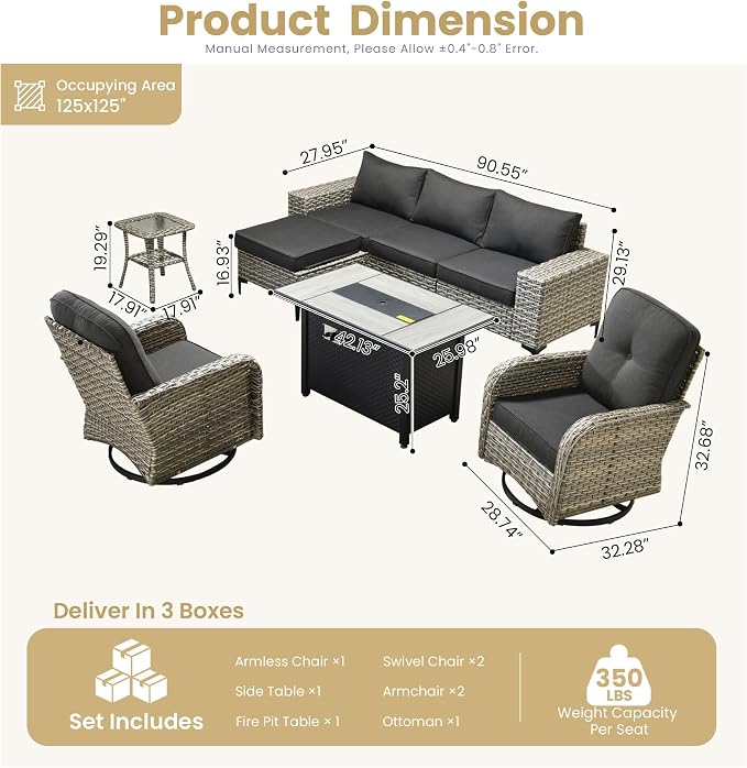 HOOOWOOO 8 Pieces Patio Furniture Set,L Shaped Outdoor Sectional Couch with Fire Pit Table, Pe Wicker All Weather Outside Conversation Sofa Swivel Chiars Solar Table Ottoman Set,Black