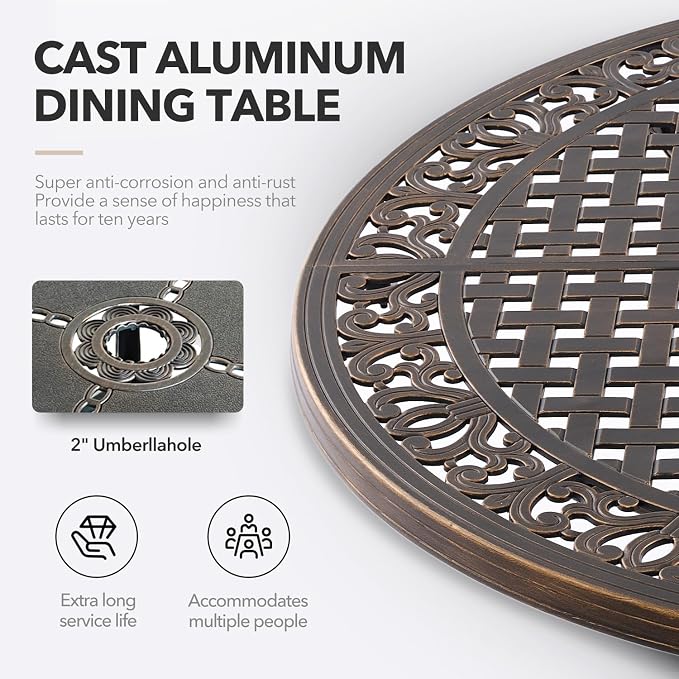 Outdoor Dining Set Cast Aluminum Retro Patio Dining Set with Thicker Cushion and Umbrella Hole for Patio Deck (Bronze Swivel Chair(Elizabeth), 5 Pcs(54" Round Table))