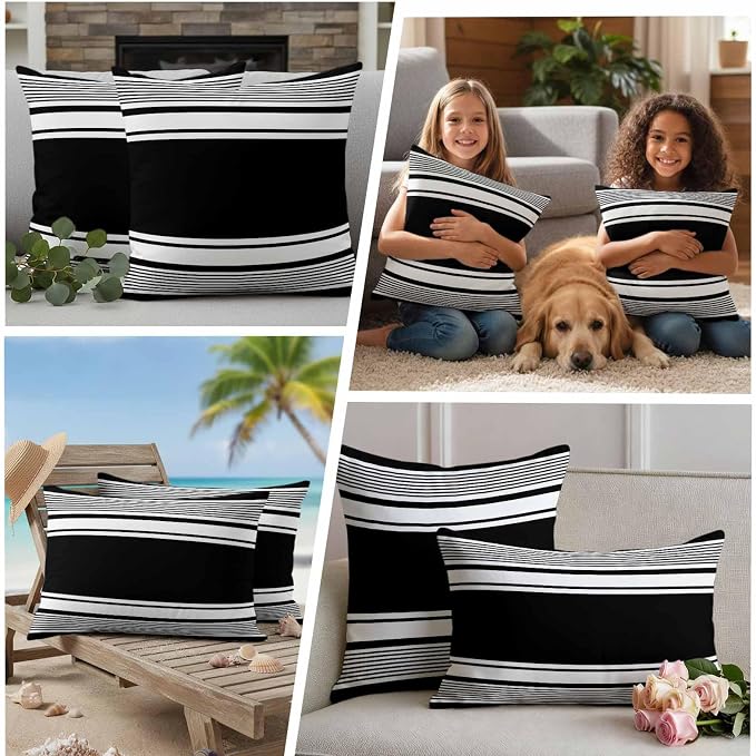 Outdoor Waterproof Throw Pillow Covers, Black Striped Decorative Pillow Cases, Modern Color Block Farmhouse Stripes Couch Pillow Protector Patio Sofa Cushion Covers Replacement 20"x12" 2 Pack