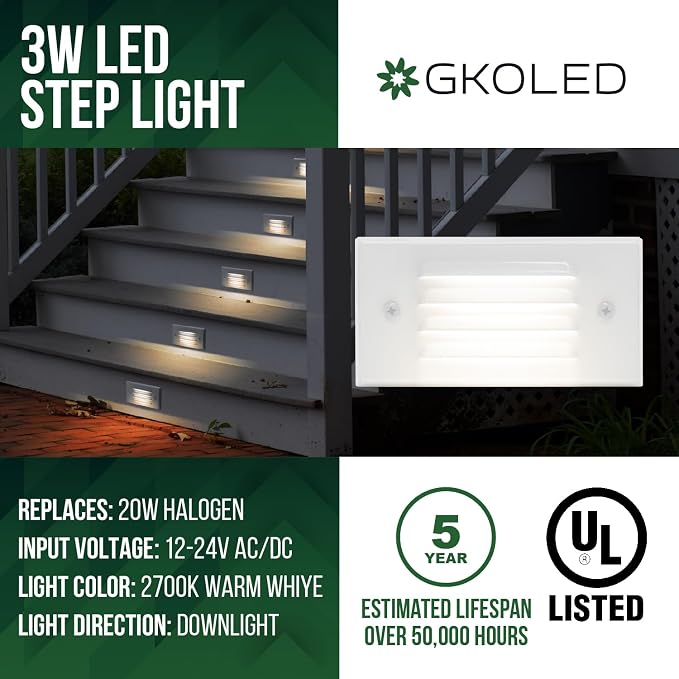 Low Voltage Outdoor Step Lights 12V 3W Stair Lighting with Horizontal Louvered Faceplate, Surface Mount Suitable for Steps Decks Pathway Yard Fences, 2700K, Waterproof, UL Listed, 6 Pack