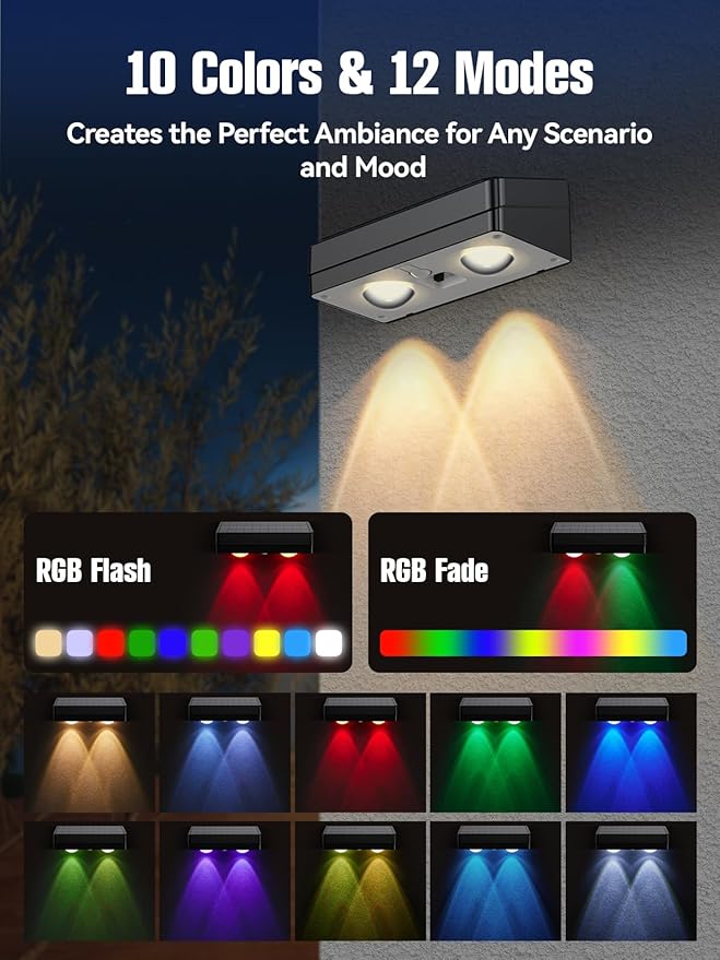 ZSYIQIX Solar Fence Lights 8 Pack, RGB Fence Solar Lights Outdoor Waterproof Led, 12 Modes Color Changing Outside Lightings Decor for Wall Railing Patio Deck Backyard Garden Pool