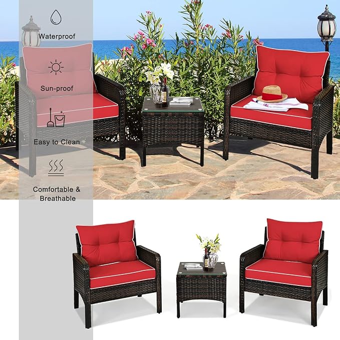 ORALNER 3-Piece Patio Conversation Set, All-Weather Wicker Sofa Chair and Coffee Table Set with Thick Cushions, Outdoor Furniture, Rattan Bistro Set for Balcony Deck Porch Poolside Garden (Red)