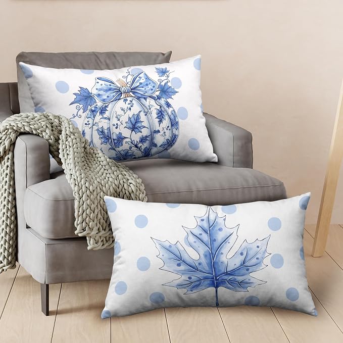 Fall Lumbar Pillow Covers Blue and White Porcelain Maple Leaf Pumpkin Throw Pillow Covers 12x20 Set of 2 Autumn Blue Polka Dot Pillowcase Thanksgiving Cushion Case for Couch Sofa