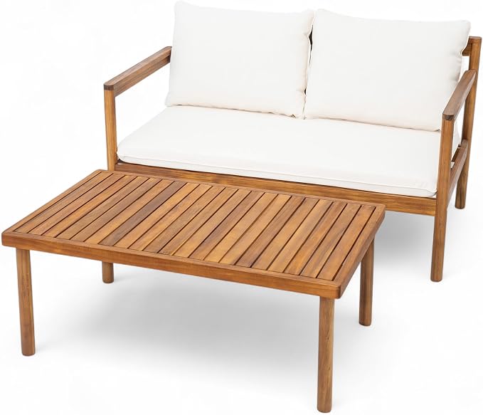 Christopher Knight Home Vorms Outdoor Loveseat with Coffee Table, 2-Piece Acacia Wood Patio Furniture Set with Rope Backrest, Patio Conversation Chat Sets for Backyard Balcony, Teak+Cream