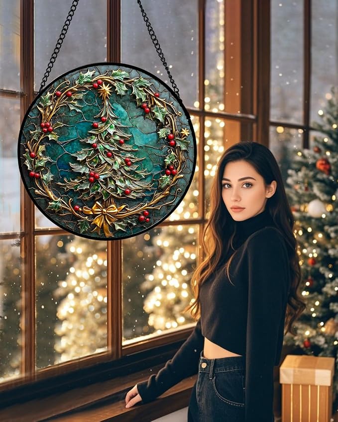 DASTOLL Stained Glass Window Hangings - Red Gold Green Wreath Suncatcher for Door Home Christmas Tree Decoration Sun Catcher Thanksgiving New Year Birthday Gift for Women Men Mom Grandma 11.8 in