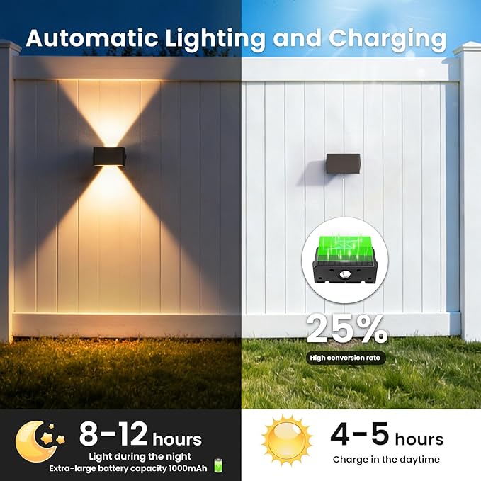 Solar Fence Lights Outdoor, 4 Pack Warm White Up and Down Solar Wall Lights, IP67 Waterproof LED Dusk to Dawn Solar Powered Fence Lights for Patio, Backyard, Deck, Garden, Yard, Outdoor Wall Decor