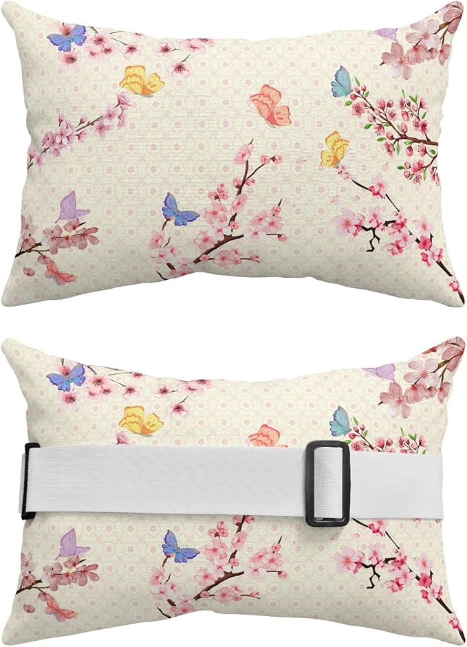 Outdoor Pillows Covers with Inserts Butterfly Cherry Blossoms Pink Beige Waterproof Recliner Pillow with Adjustable Strap Throw Pillows for Patio Furniture Pool Lounge Chair, 11x16 inch, 1PCS