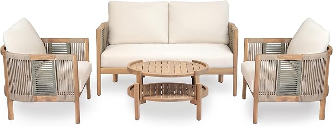 Christopher Knight Home 4-Piece Acacia Wood Patio Furniture Set with Coffee Table, 4 Seater Outdoor Conversation Sofa Set, Patio Sectional Chat Set for Backyard Balcony, Teak+ Beige