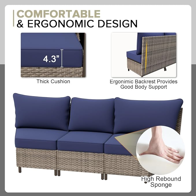 COOS BAY Aurora Terrace 4 Piece Outdoor Sectional Furniture Set, Half Moon Rattan Wicker Conversation Set with 5 Seat Sofa & Coffee Table for Patio Garden Yard, Beige/Blue