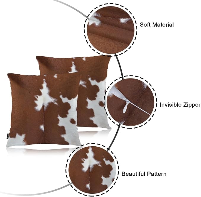 Swono Cowhide Decorative Throw Pillow Case 18" X 18", Farm Cattle Cow Cowhide Fur Standard Pillow Covers, Brown White Set of 2 Throw Pillowcase Cushion Covers for Couch Chair Bedroom Sofa Car Seats