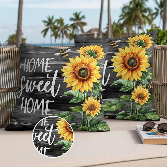 Throw Pillow Covers 16x16 Inch Set of 2, Spring Sunflowers Waterproof Outdoor Pillow Covers, Black Wooden Grain Country Farm Decorative Cushion Pillowcases for Couch, Sofa, Bed, Garden, Patio