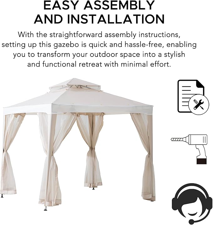 Sunjoy 8 x 8 ft. Soft Top Gazebo, Outdoor Patio Backyard Modern 2-Tier Steel Frame Gazebo with Mesh Netting - Beige & White