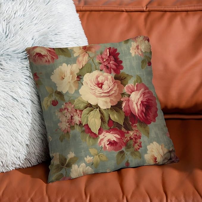 Cushion Cases Watercolor Pink Roses Pillow Covers Farmhouse Romantic Aqua Flower Pillow Cover Accent Decorative Cushion Covers Home Decor for Patio Furniture Garden 26x26 in