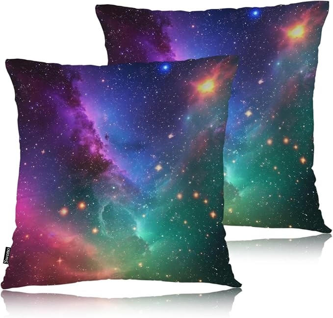 Swono Galaxy Space Throw Pillow Covers, Cosmic Universe Outer Space Nebula Star Galaxy Set of 2 Cushion Case Pillow Cover for Bed Sofa Couch Square Throw Pillowcases for Men Women 18x18 Inch