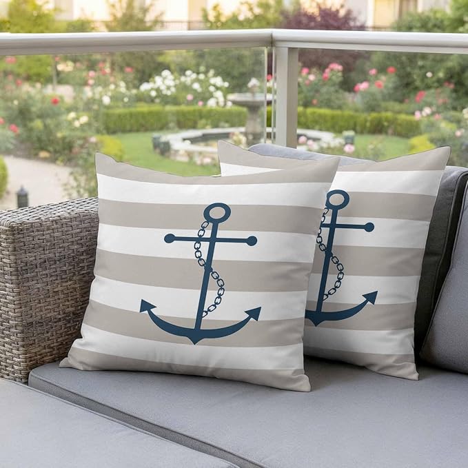 Waterproof Throw Pillow Covers 18x18 Set of 2, Coastal Blue Anchor Art Outdoor Pillowcases with Invisible Zipper, Vintage Gray Stripe Decorative Cushion Covers for Patio Garden Sofa Couch Balcony