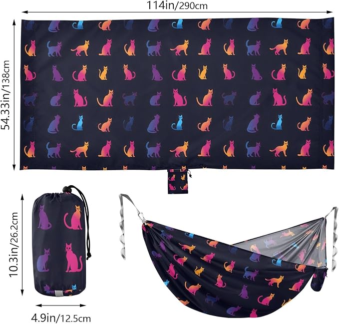 Camping Hammock Outdoor Hammocks for Outside Cat Silhouette Beach Trees Portable Lightweight with Pockets Tree Straps Indoor