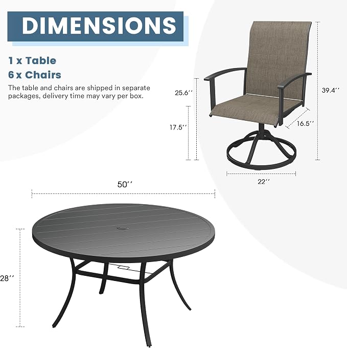 DIFY 7 Pieces Outdoor Dining Set for 6, 50" Black Round Metal Table with Umbrella Hole and Brown Textilene Swivel Patio Chairs, Patio Table and Chairs Set for Garden, Backyard, Poolside