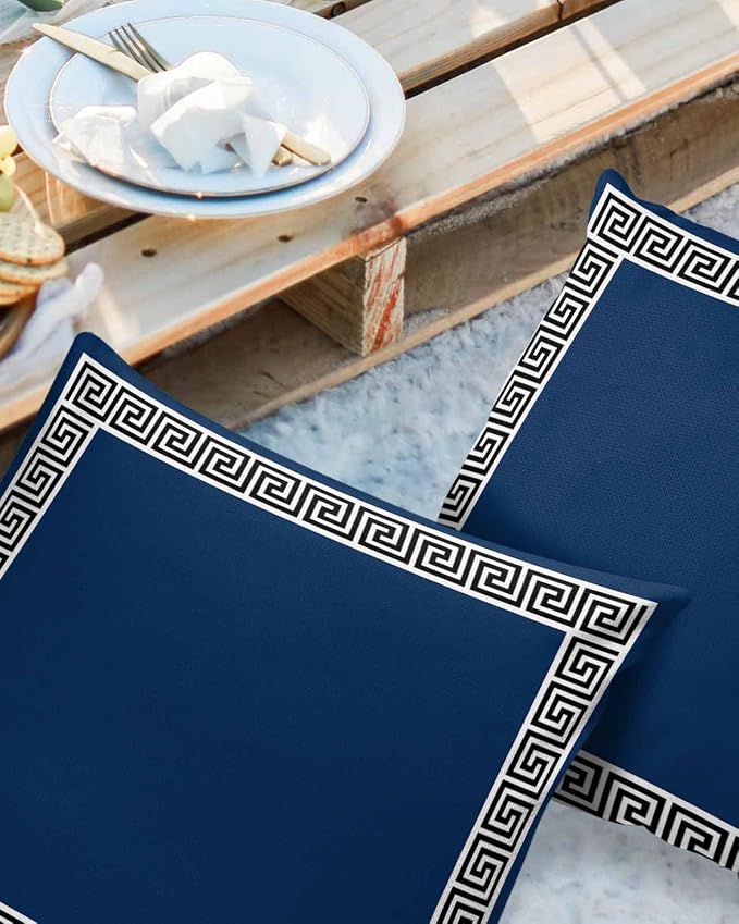 Prime Leader Outdoor Waterproof Pillow Covers Set of 2, Chinese Style Pattern Navy Blue Background Patio Throw Pillow Covers, Decorative Cushion Case for Couch Sofa Furniture Garden, 16x16 Inch