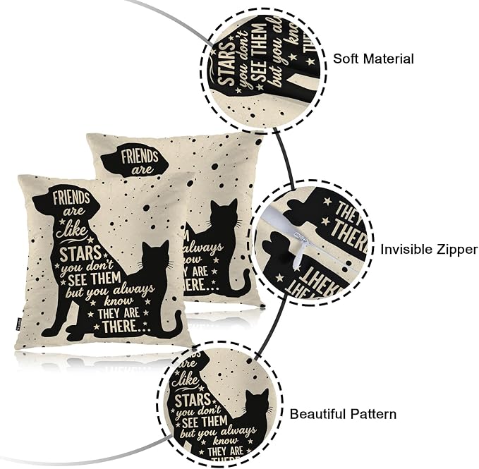 Swono Dog and Cat Square Pillow Covers Cushion Covers, Best Friend Quote 18"X18" Set of 2 Throw Pillow Cover Pillowcases Home Decorative for Couch Sofa Car Bedroom, No Insert, Black Cat Dog Friends