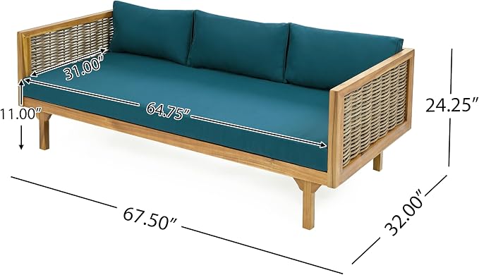 Christopher Knight Home Charm Patio Conversation Set, 3 Seater Acacia Wood Sofa, Spacious Seating Wicker Armrest Chair, Wood Coffee Table, Round Side Table, Outdoor Furniture for Garden, Dark Teal