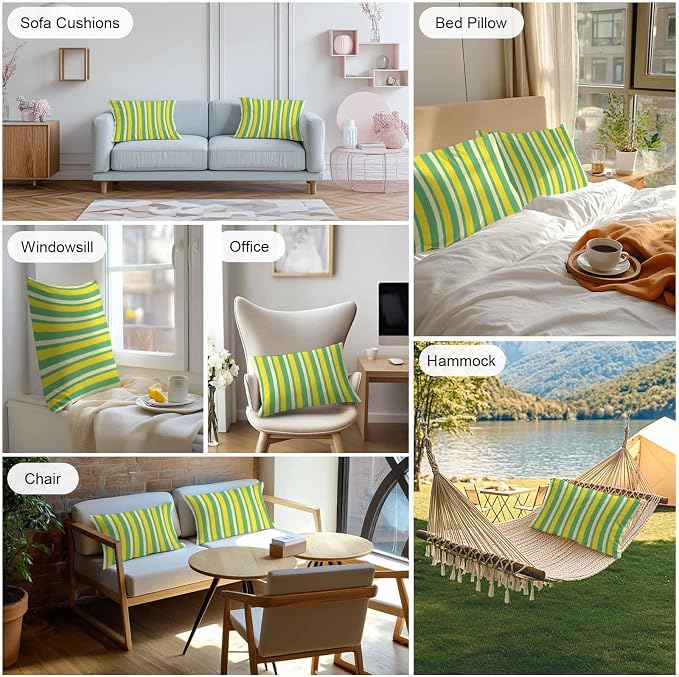 Lemon Green Yellow Outdoor Pillow Covers 20x12 Inch Lumbar Pillow Covers Set of 2 Waterproof Decorative Throw Pillow Cases Summer Modern Farmhouse Striped Cushion Covers for Patio Furniture Garden
