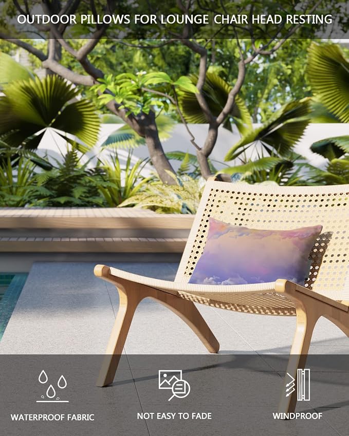Outdoor Pillows Covers with Inserts Modern Sky Sunset Sunrise Blue and Pink Waterproof Recliner Pillow with Adjustable Strap Throw Pillows for Patio Furniture Pool Lounge Chair, 11x16 inch, 1PCS