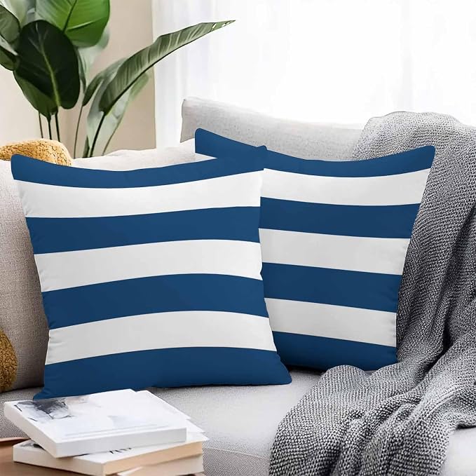 Outdoor Waterproof Throw Pillow Covers Set of 2 Navy Blue White Stripe Pillowcases 24x24 Inches Simple Style Striped Decorative Pillows Cushion Case Patio Pillows for Couch Bed Chair Garden