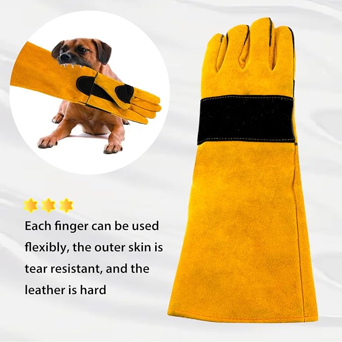 17.32" Animal Handling Gloves,Cowhide Bite Proof, Fits Dogs/Cats | 17.32" Extended Forearm Guard, Snake & Scratch Resistant, Reinforced Leather, Secure Grip for Reptiles, Birds & Falconry