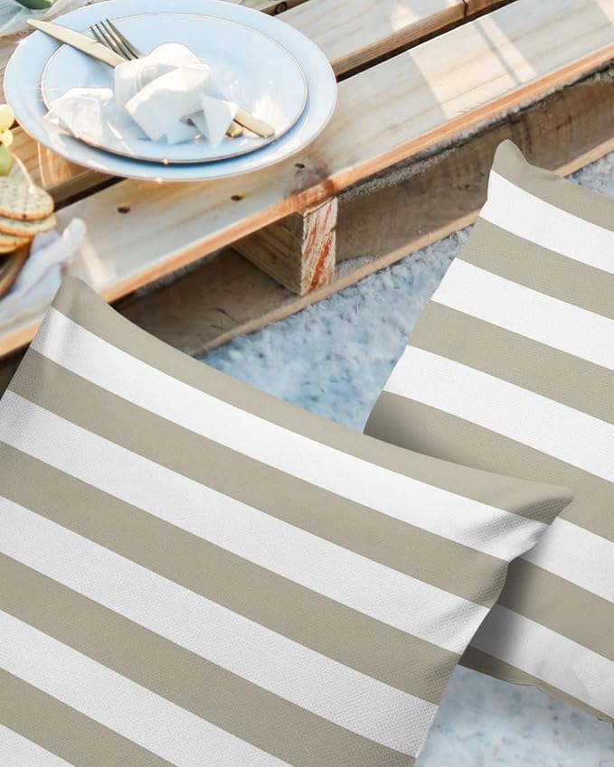 Outdoor Waterproof Pillow Covers for Patio Furniture Solid Striped Decorative Throw Pillow Cover Beige Pillowcases Set of 2 Cushion Case for Sofa Couch Chair Home Decor 20 x 20 Inches